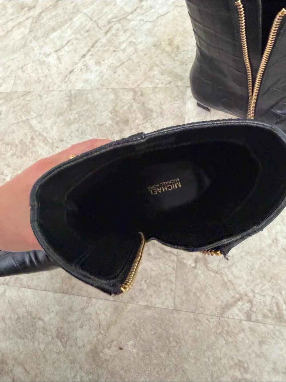 Michael Kors Croc-Embossed Black Leather Ankle Boots with Kitten Heel